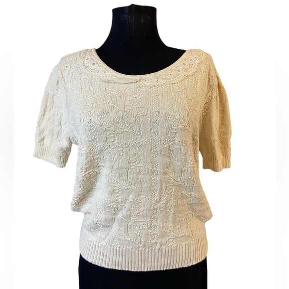 Vintage Petite Ways Off White Cream Short Sleeve Collared Sweater - Picture 12 of 16